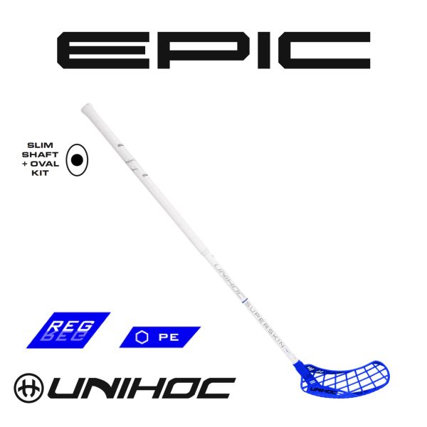 Floorballschläger - Unihoc EPIC FEATHER LIGHT Superskin Regular 26 oval weiß/blau
